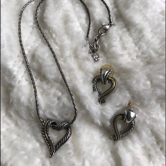 Vintage Brighton Silver Gold Heart Necklace & Earrings Set - Picture 1 of 5